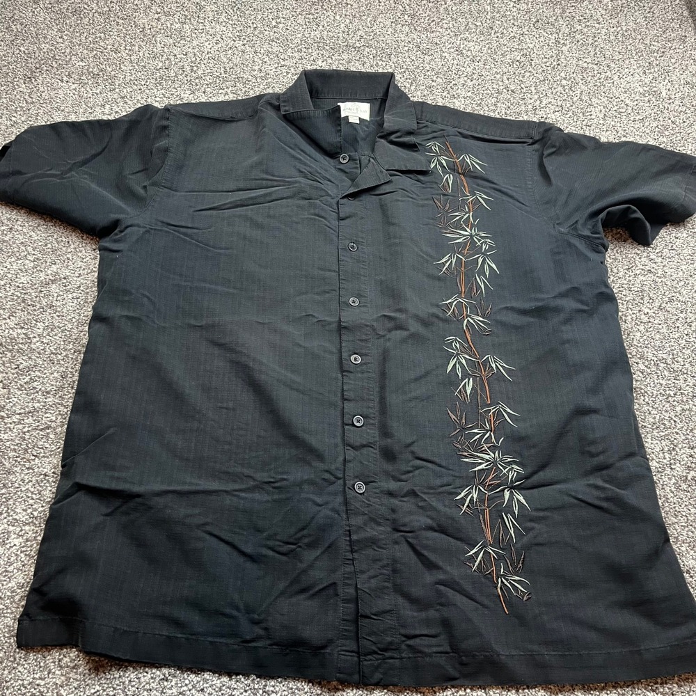Trader Bay Black Bamboo‎ Print Short Sleeve Button Up Shirt Men's XXL